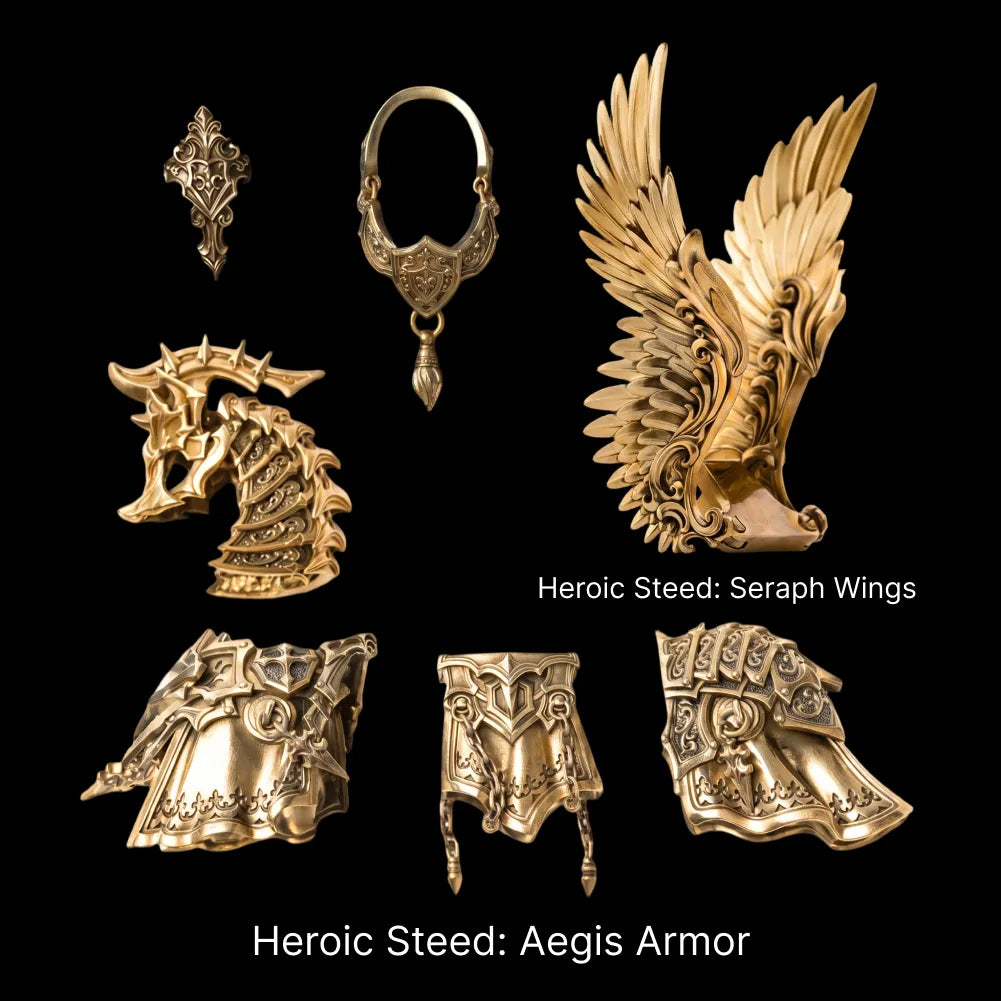 Heroic Steed Aegis Armor and Seraph Wings arranged against black