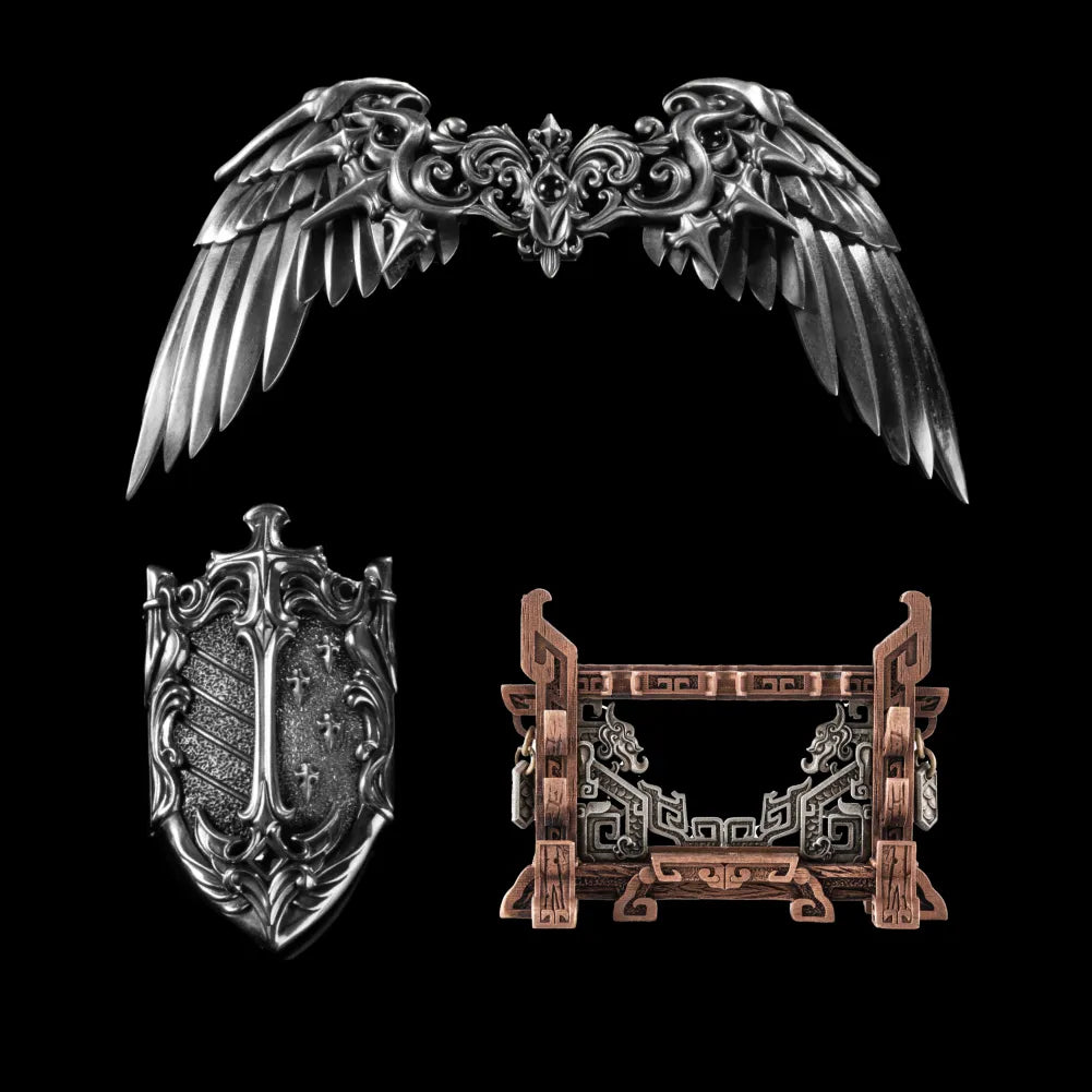 Vowkeeper Shield, winged ornament and Weapon Stand against black