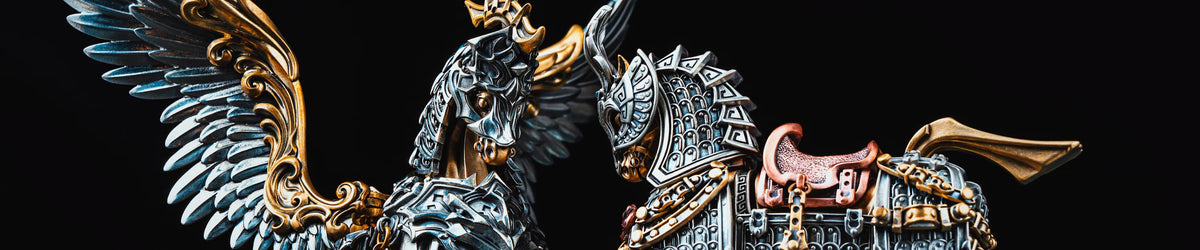Detailed miniature horses with armor and wings against a dark background.