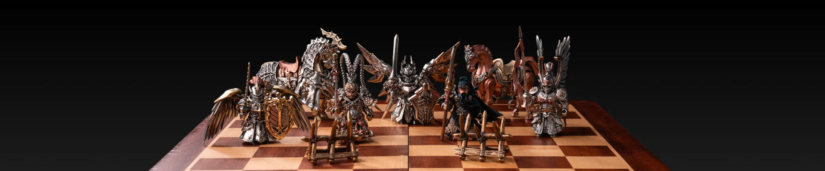 Miniature warriors and horses arranged on a wooden chessboard.