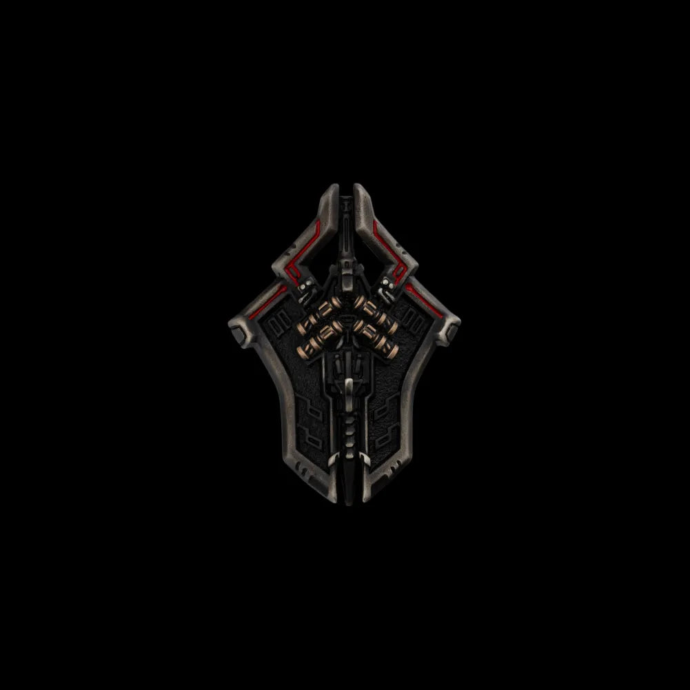 Dark miniature shield with angular borders and red accents on a black background