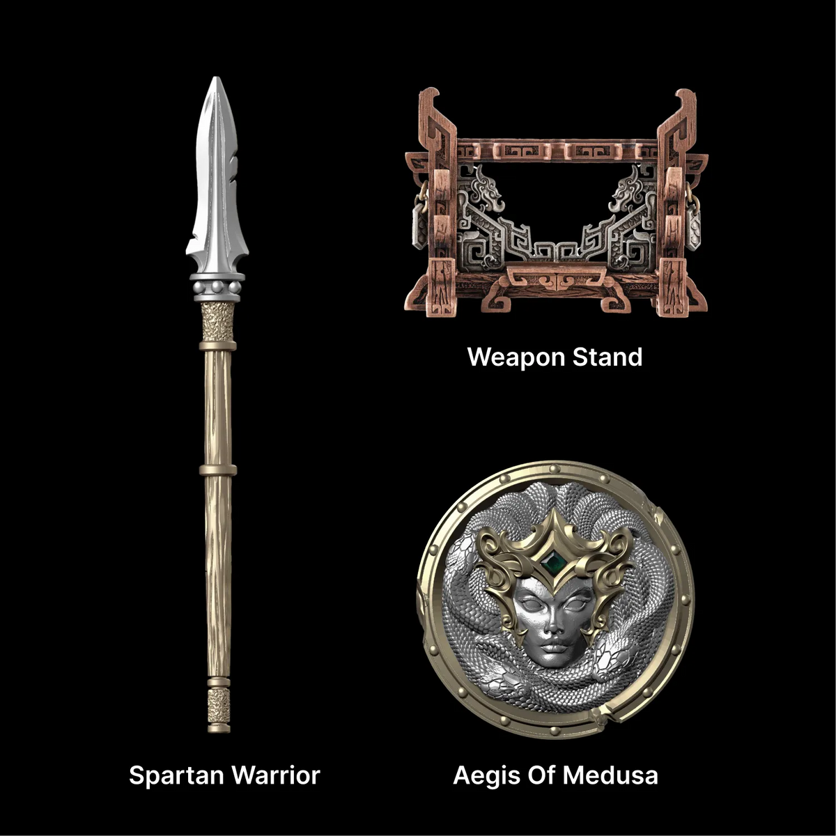 Spartan Dory spear, Aegis of Medusa shield and Weapon Stand against black