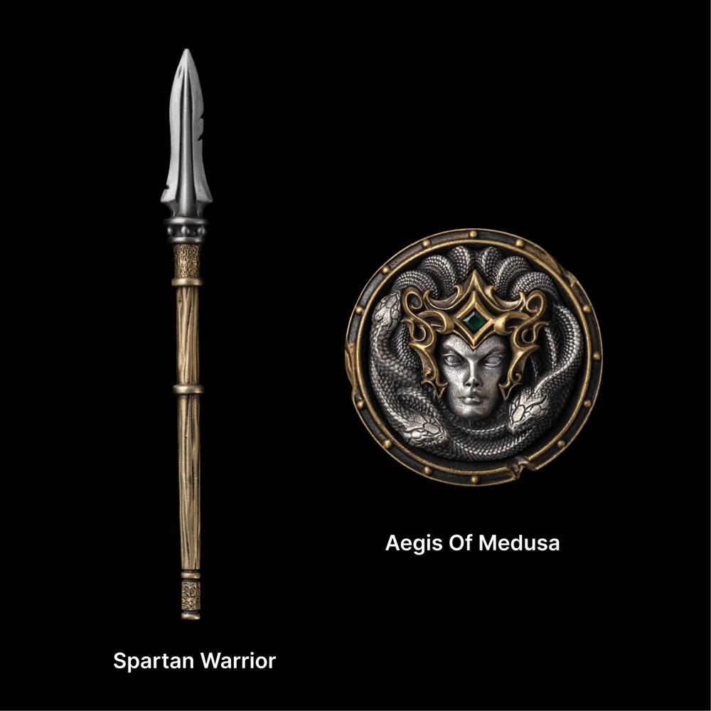 Miniature spear and round Medusa shield on a black background
