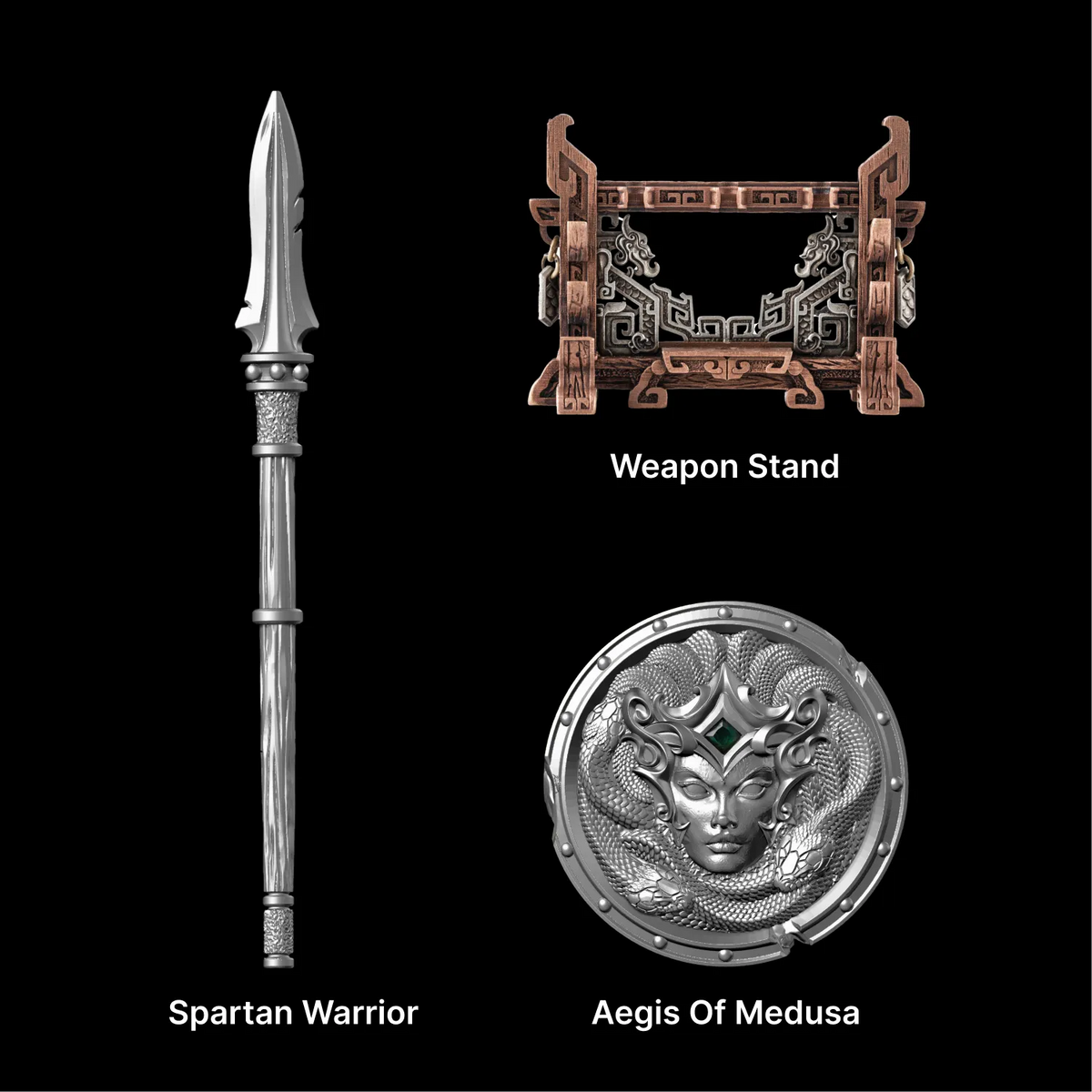 Spartan Dory spear, Aegis of Medusa shield and Weapon Stand against black