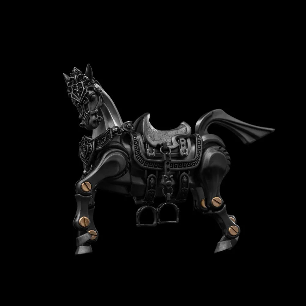 Heroic Steed horse figure with saddle against a black background
