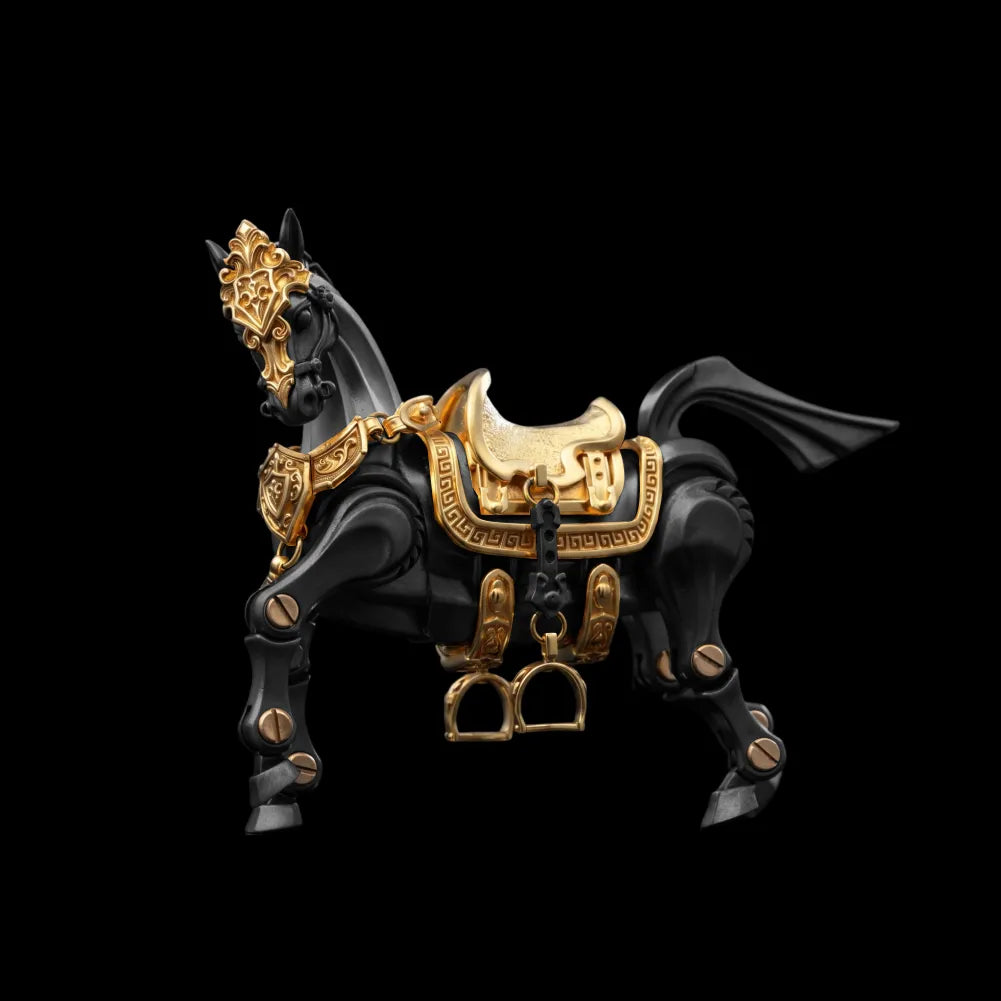 Heroic Steed horse figure with saddle against a black background