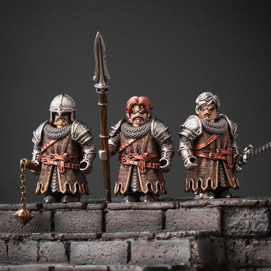 Three Medieval Infantry figures on stone steps