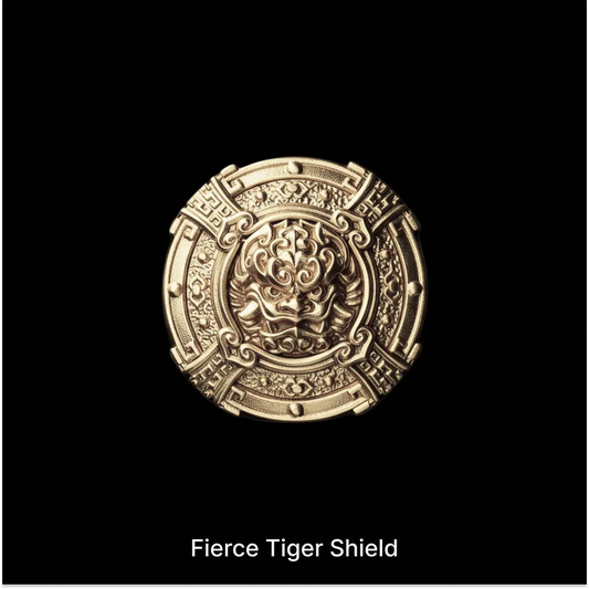 Fierce Tiger Shield with a sculpted tiger face against black