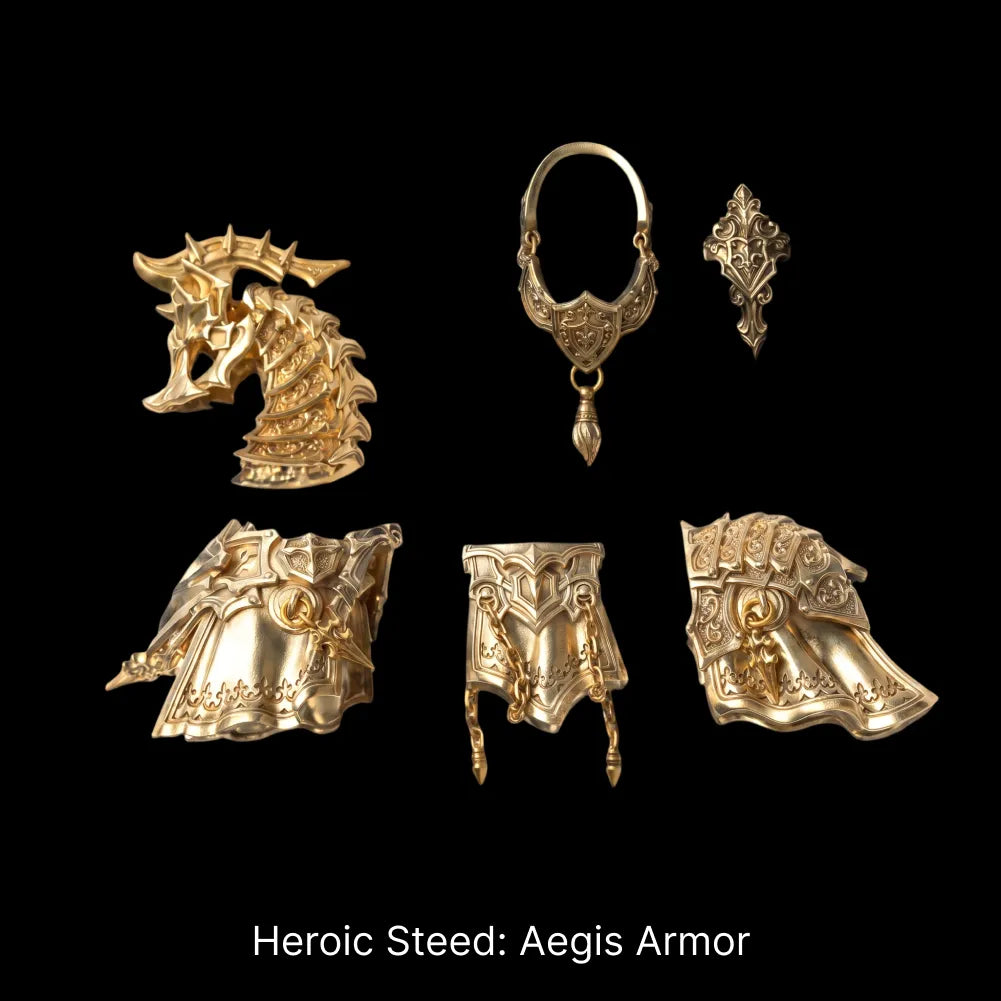Heroic Steed Aegis Armor panels and ornaments arranged against black