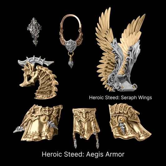 Heroic Steed Aegis Armor and Seraph Wings arranged against black
