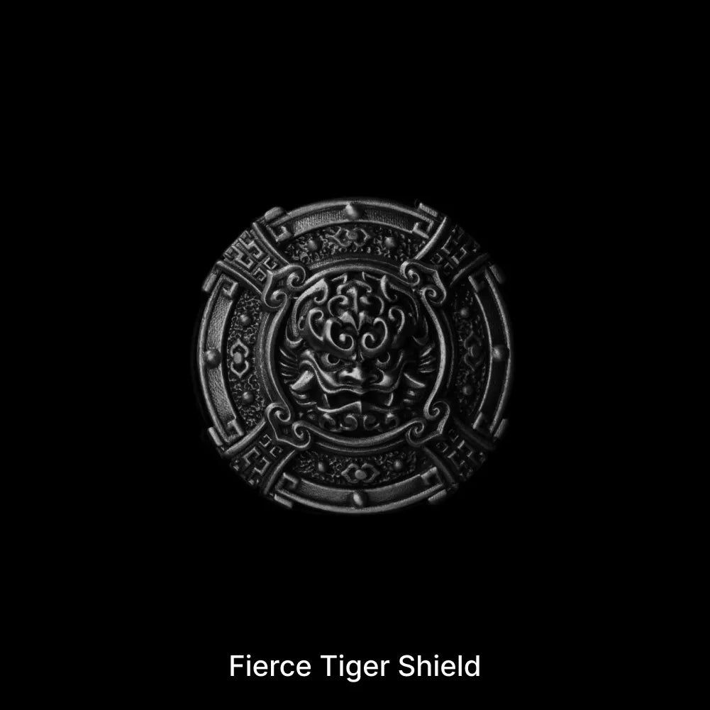 Fierce Tiger Shield with a sculpted tiger face against black