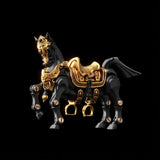 Heroic Steed horse figure with saddle against a black background