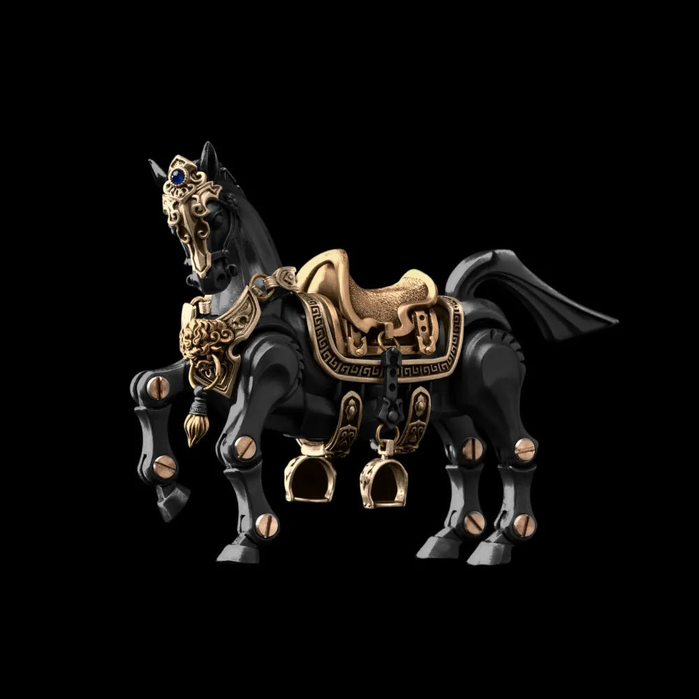 Heroic Steed horse figure with saddle against a black background