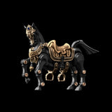Heroic Steed horse figure with saddle against a black background