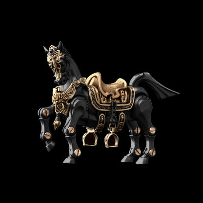 Heroic Steed horse figure with saddle against a black background