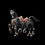 Heroic Steed horse figure with saddle against a black background