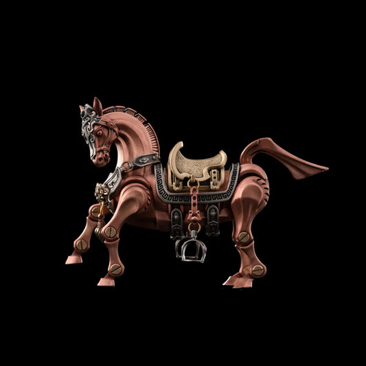 Heroic Steed horse figure with saddle against a black background