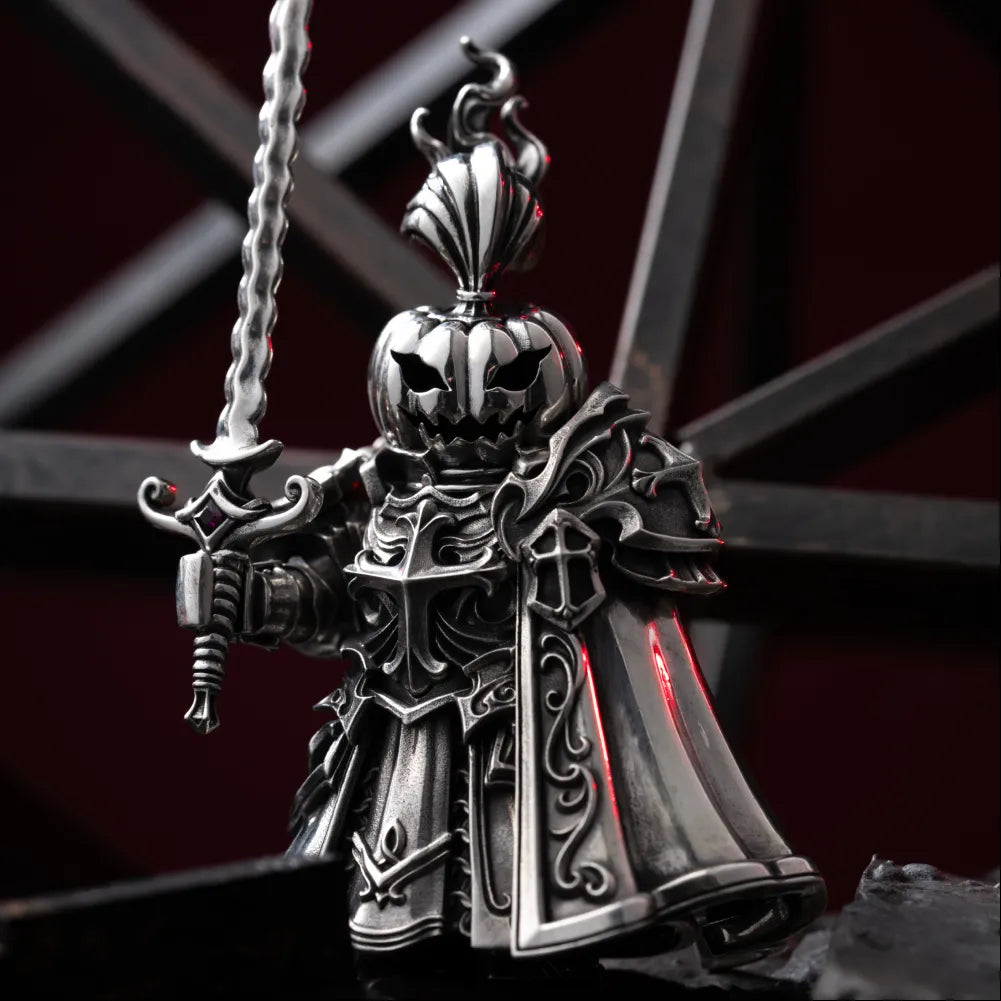 Knight figure with a pumpkin head holding a sword
