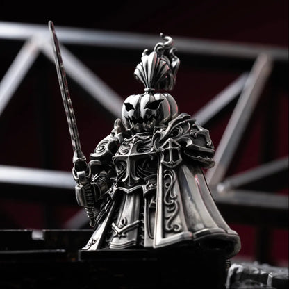 Pumpkin-headed knight figure on a stone ledge