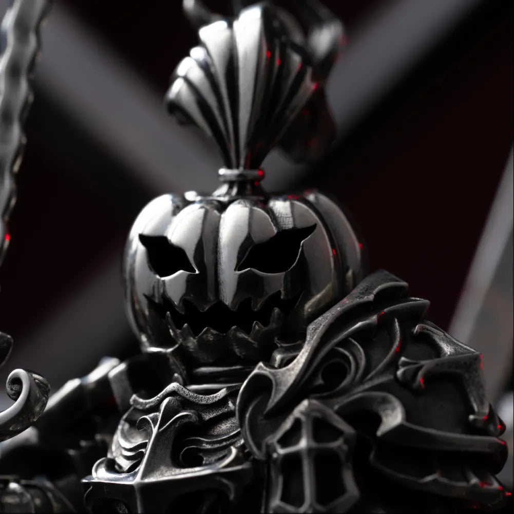 Close-up of a pumpkin head on a knight figure