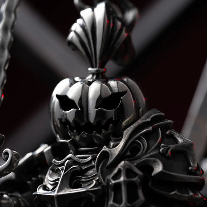 Close-up of a pumpkin head on a knight figure