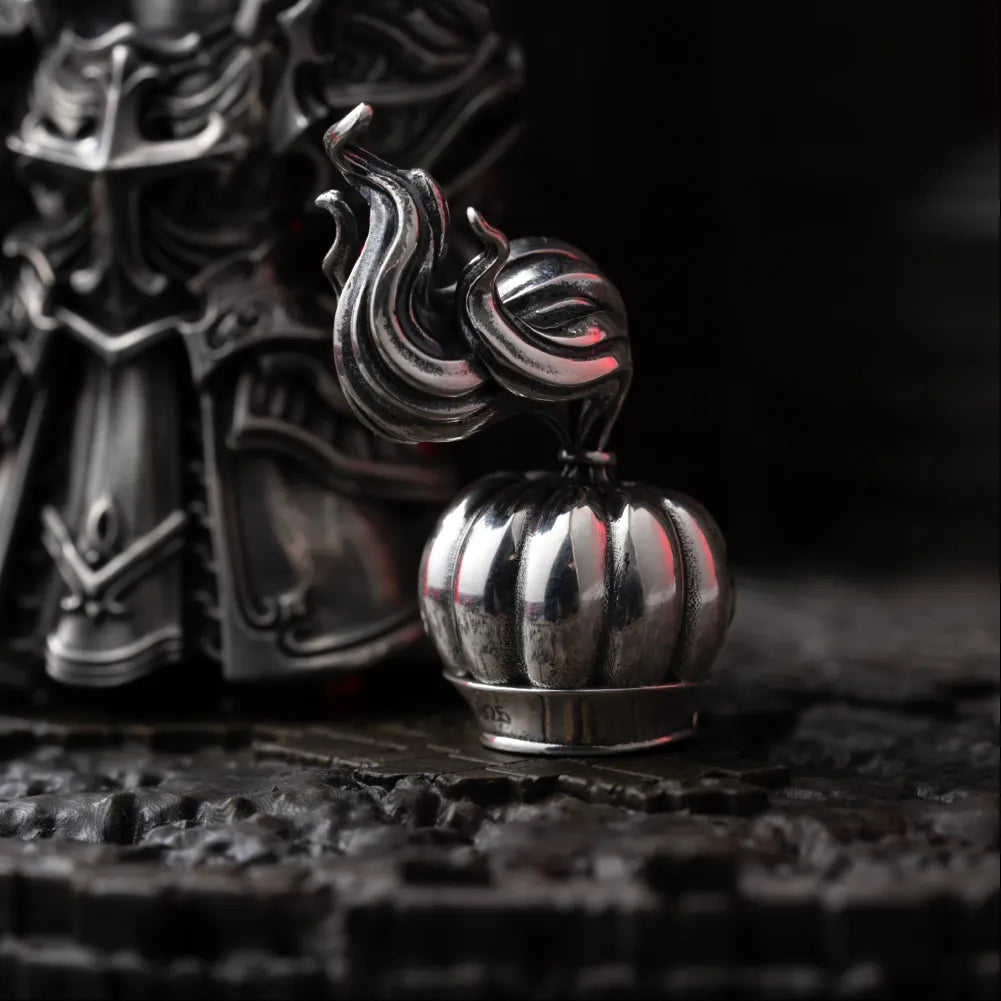 Pumpkin head beside an armored knight figure