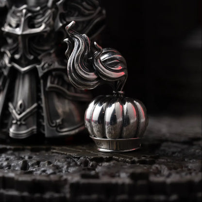 Pumpkin head beside an armored knight figure