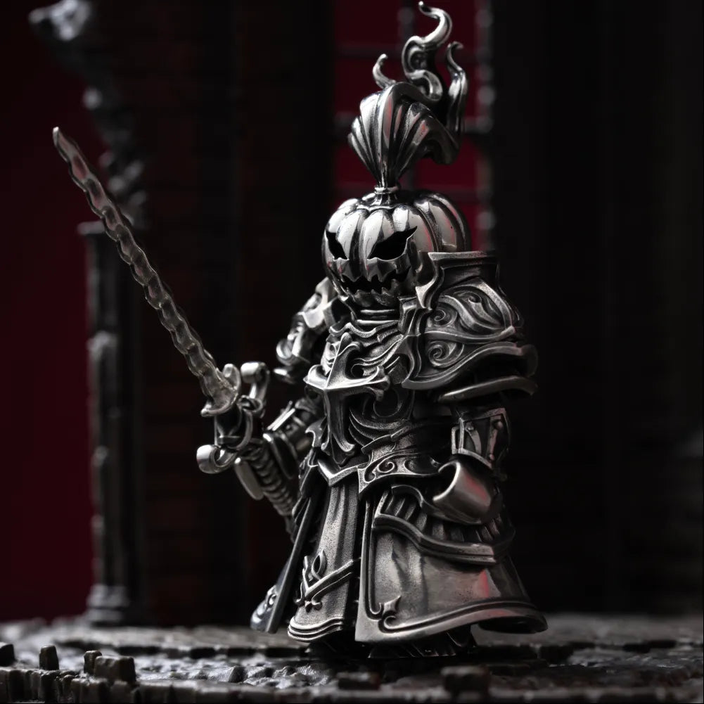 Pumpkin-headed knight figure holding a sword