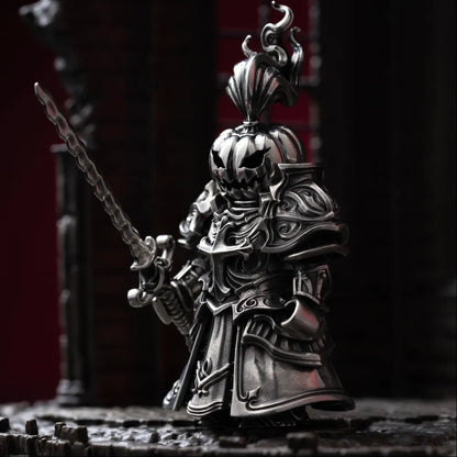 Pumpkin-headed knight figure holding a sword