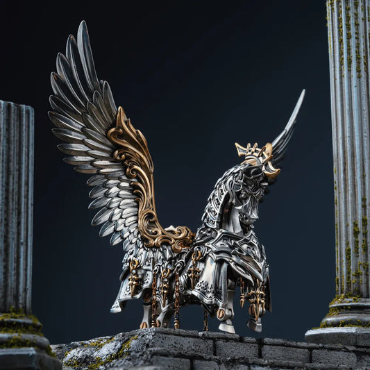 Winged armored Heroic Steed between stone columns