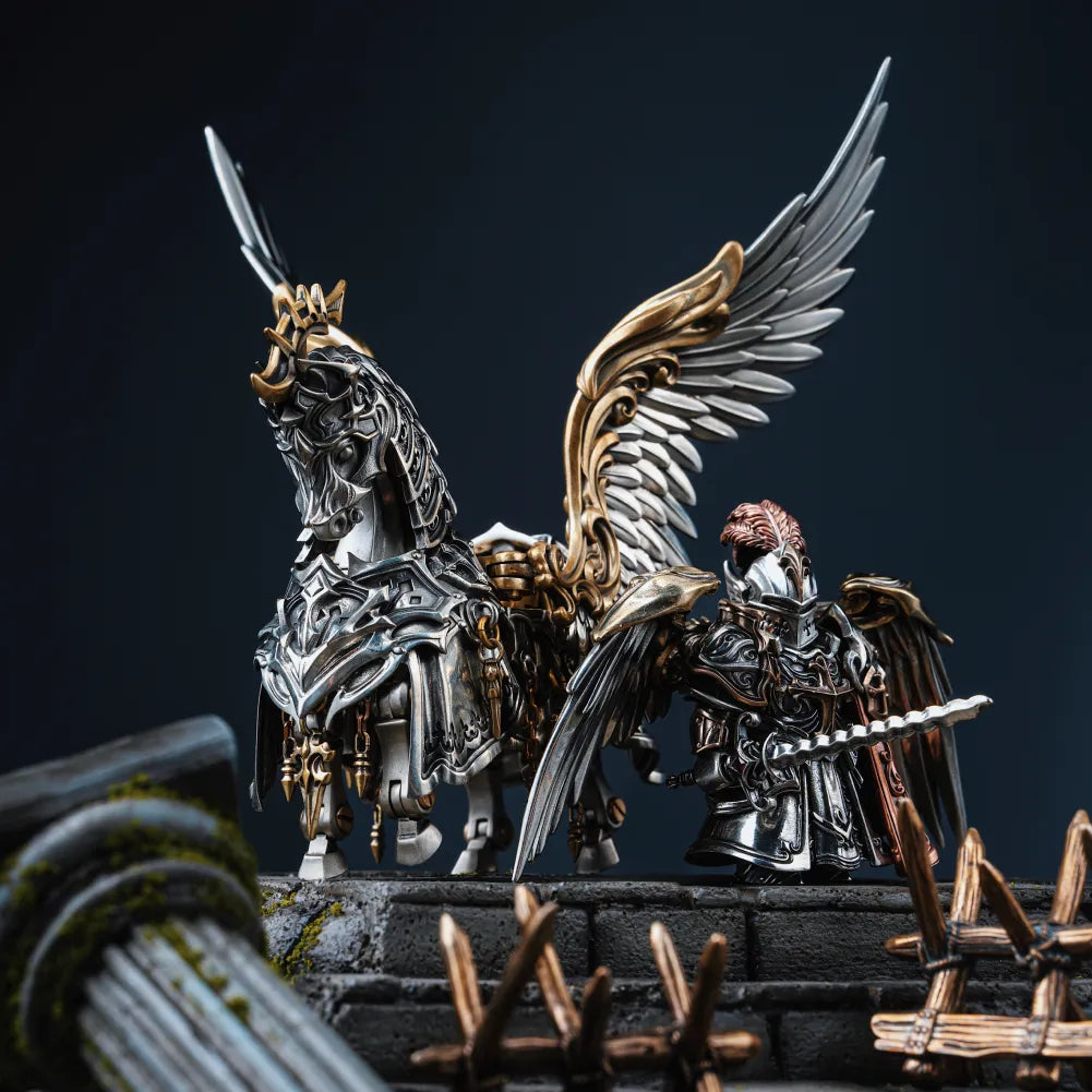 Armored Heroic Steed behind miniature barricades