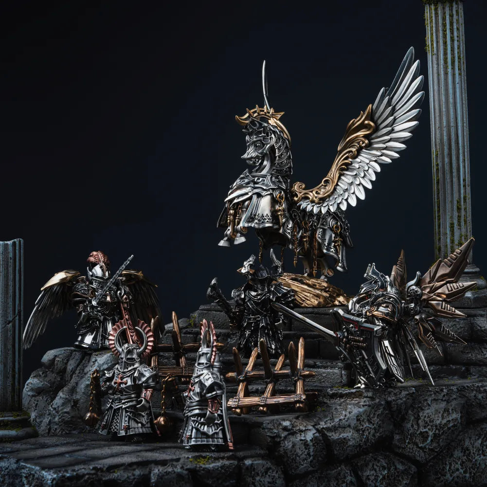 Winged horse and knight figures on stone steps