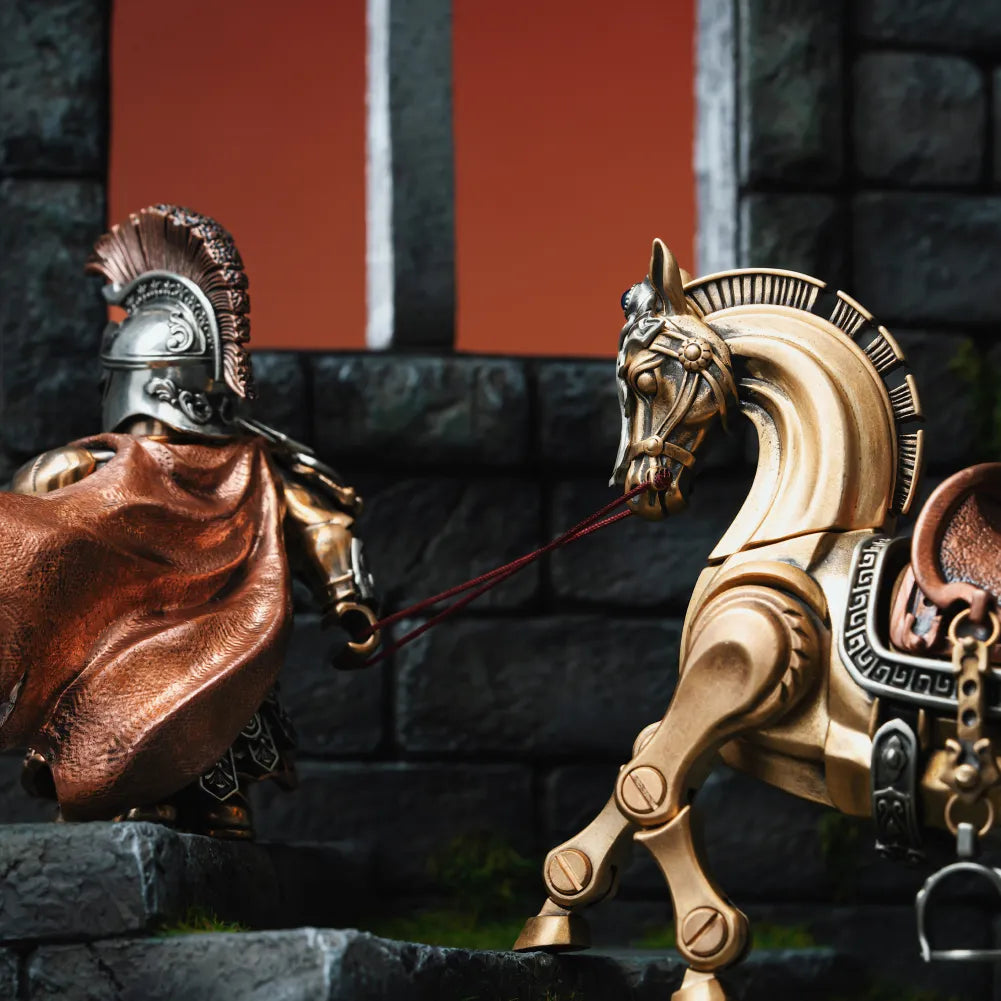 Rear view of a knight holding horse reins