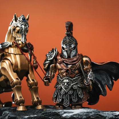 Knight figure holding the reins of a horse