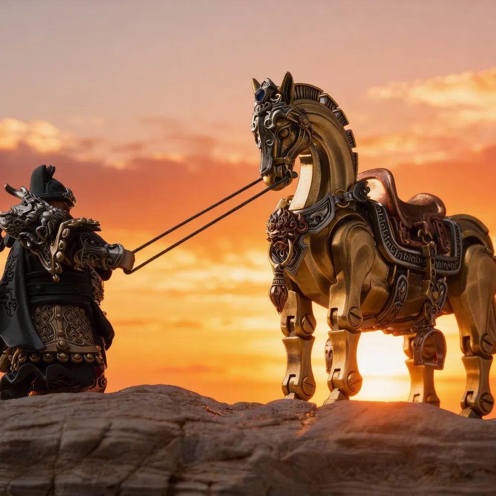 Figure leading a horse in a sunset scene