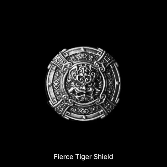 Fierce Tiger Shield with a sculpted tiger face against black