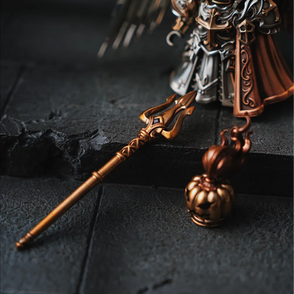 Pumpkin head and trident on stone beside a knight figure