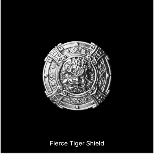 Fierce Tiger Shield with a sculpted tiger face against black