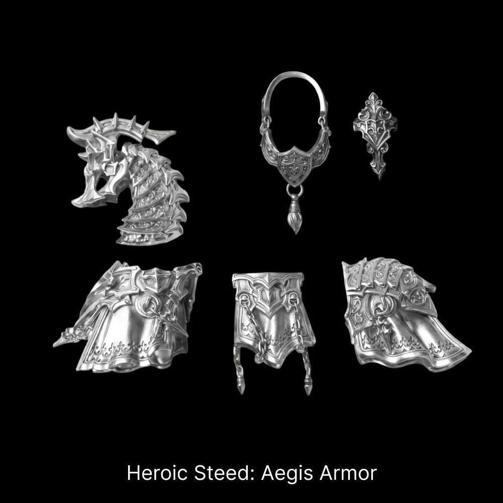 Heroic Steed Aegis Armor panels and ornaments arranged against black