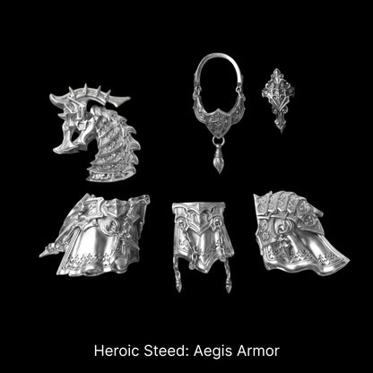 Heroic Steed Aegis Armor panels and ornaments arranged against black