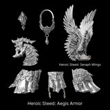 Heroic Steed Aegis Armor and Seraph Wings arranged against black