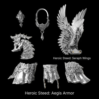 Heroic Steed Aegis Armor and Seraph Wings arranged against black