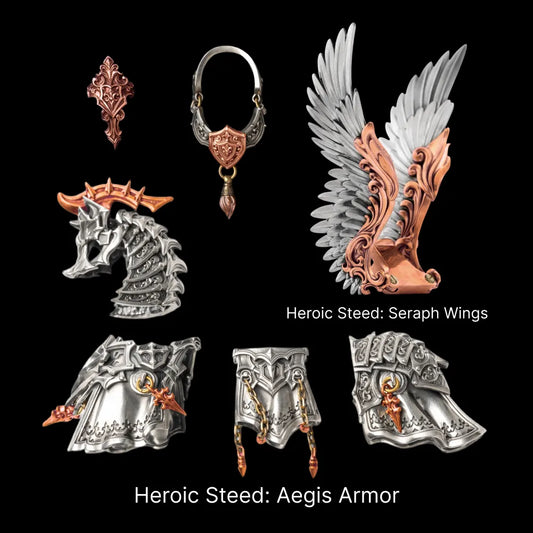 Heroic Steed Aegis Armor and Seraph Wings arranged against black