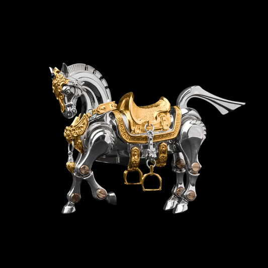 Heroic Steed horse figure with saddle against a black background