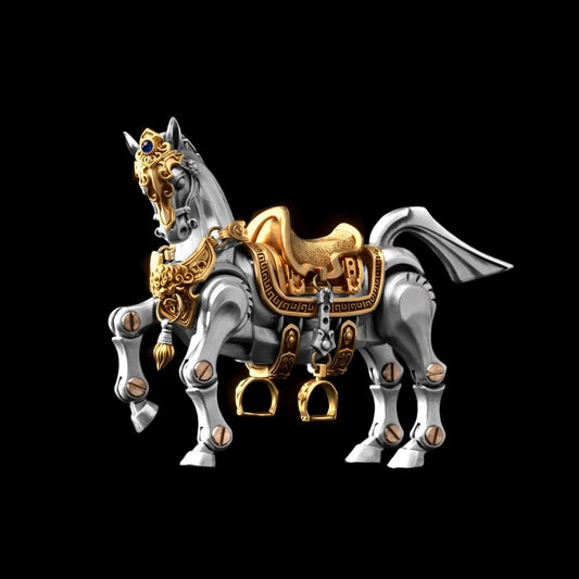 Heroic Steed horse figure with saddle against a black background