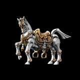 Heroic Steed horse figure with saddle against a black background