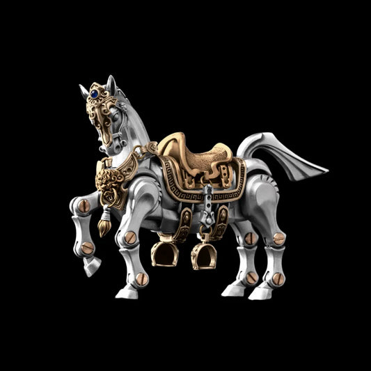 Heroic Steed horse figure with saddle against a black background