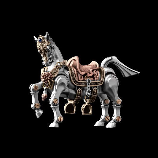 Heroic Steed horse figure with saddle against a black background