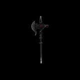 Dark miniature axe with a red cross detail on a black background