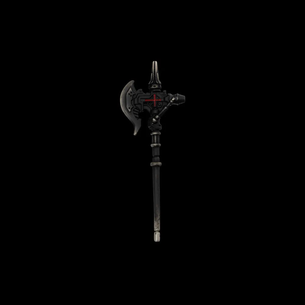 Dark miniature axe with a red cross detail on a black background